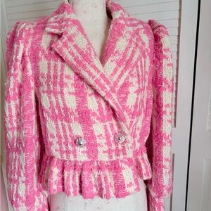 LoveShackFancy Pink & Cream Tweed Peplum Blazer